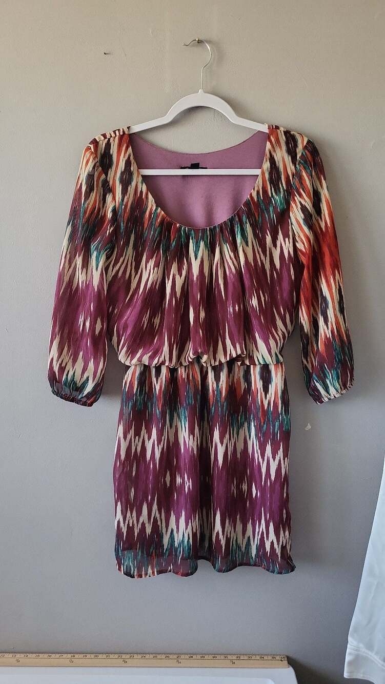 Jodi Kristopher Ikat Print 3/4 Sleeve Elastic Waist Mini Dress Size M Junior